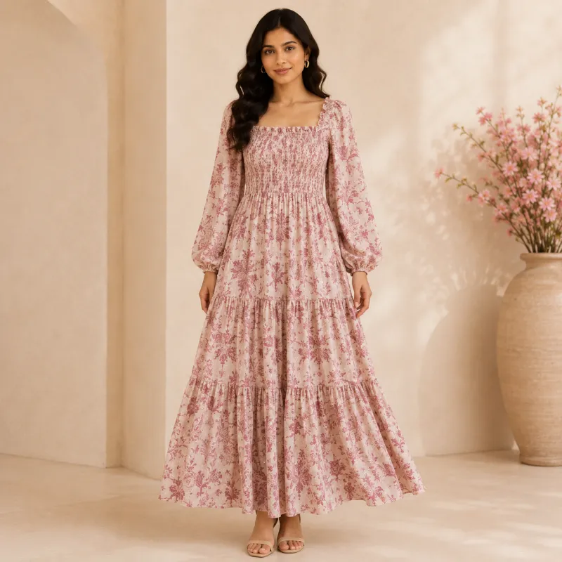 Boho Tiered Maxi Dress with Balloon Sleeves