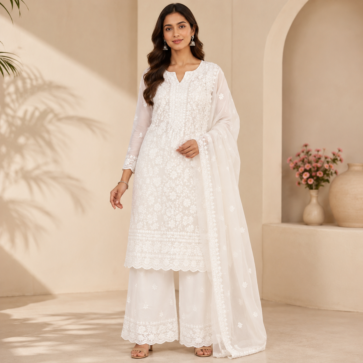 Chikankari Embroidered Kurta Palazzo Set with Dupatta