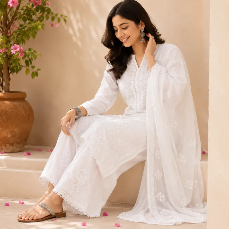 Chikankari Embroidered Kurta Palazzo Set with Dupatta