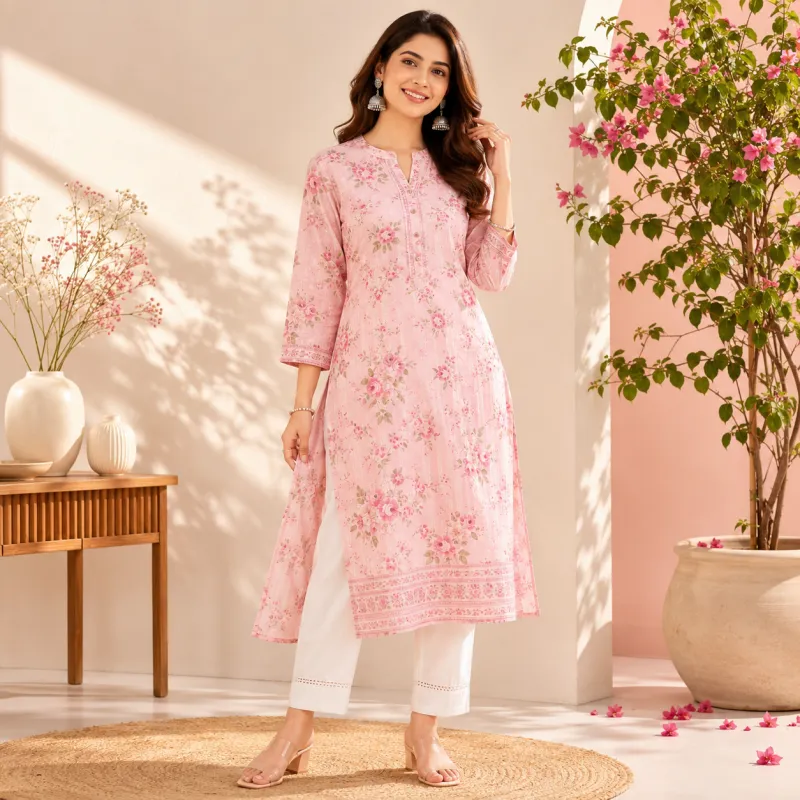 Women's Short Straight Cotton Kurti with Side Slits