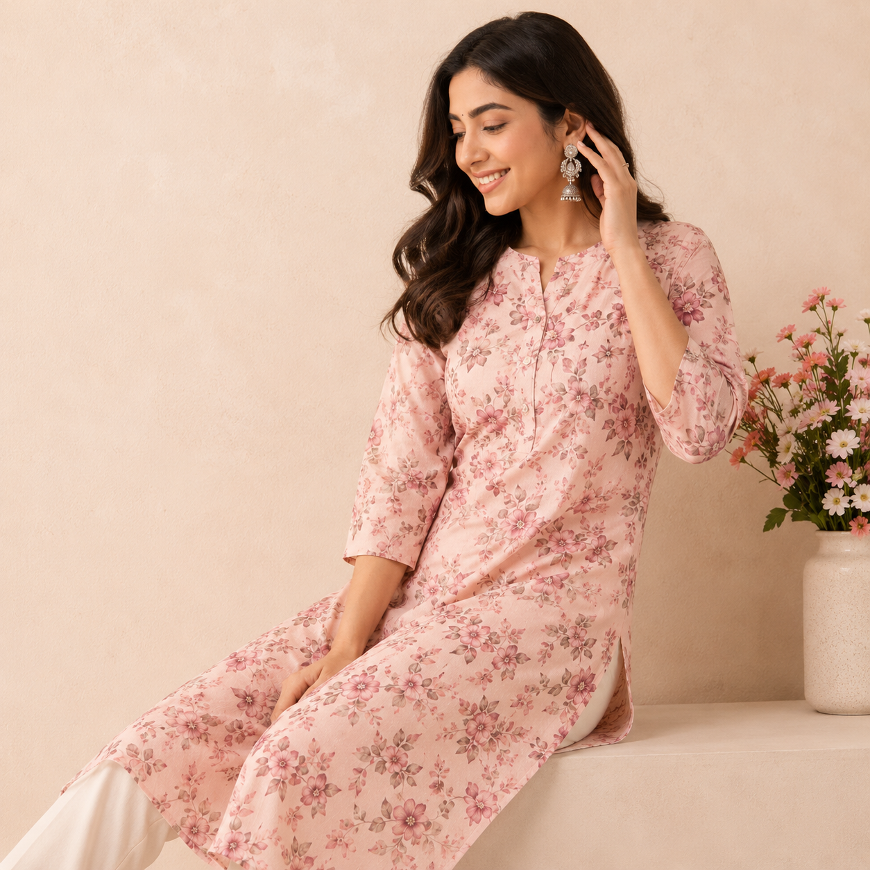 Women's Short Straight Cotton Kurti with Side Slits
