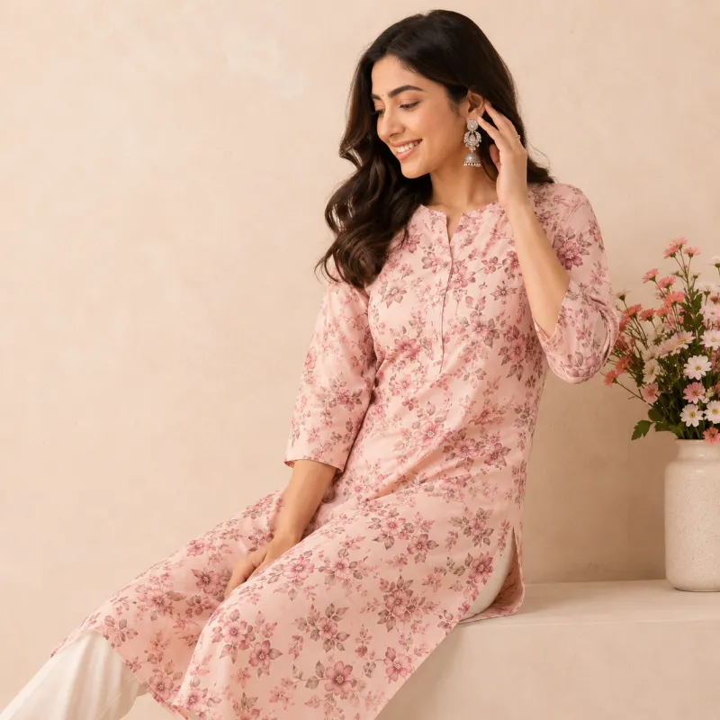 Women's Short Straight Cotton Kurti with Side Slits