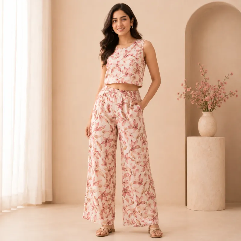 Printed Crop Top & Wide-Leg Pants Co-ord Set