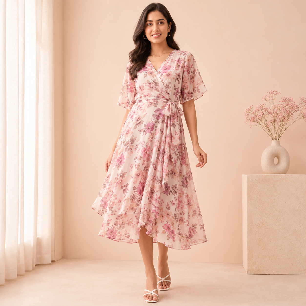 Floral Print Georgette Wrap Dress with Tie-Waist