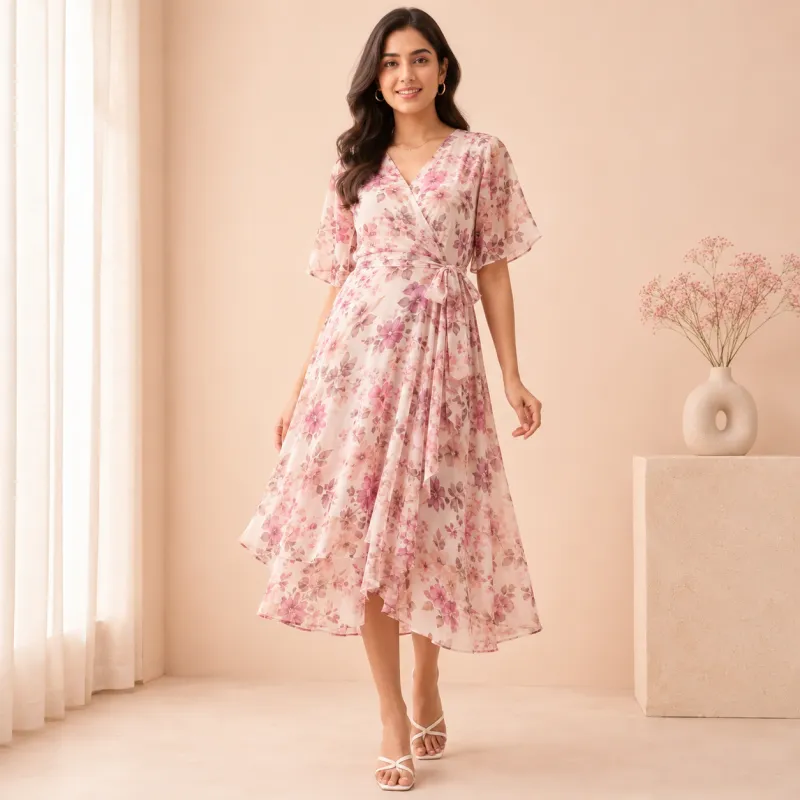 Floral Print Georgette Wrap Dress with Tie-Waist