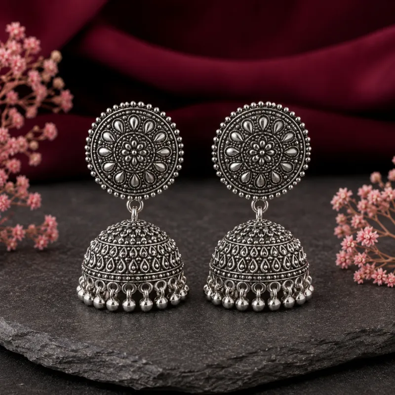 Oxidised Silver Jhumka Danglers